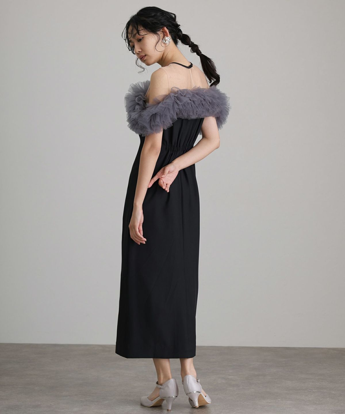 低身長用サイズあり】ギャザーチュールオフショルダードレス