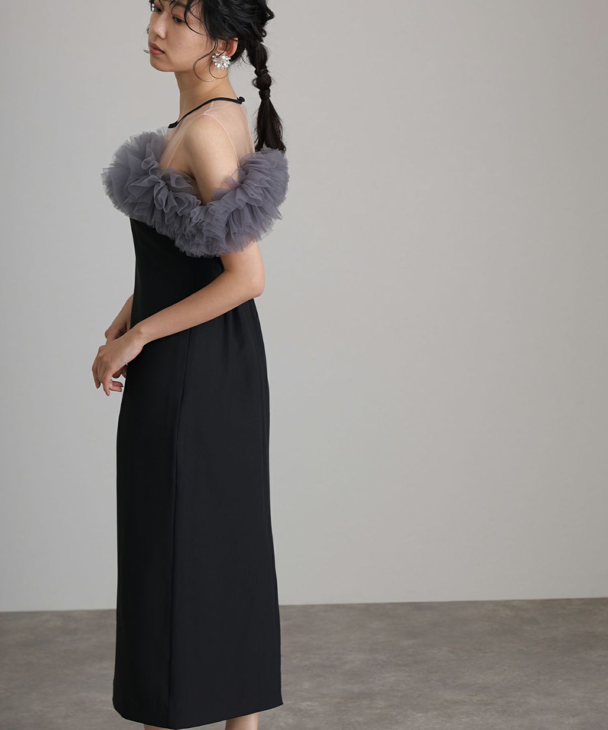 低身長用サイズあり】ギャザーチュールオフショルダードレス