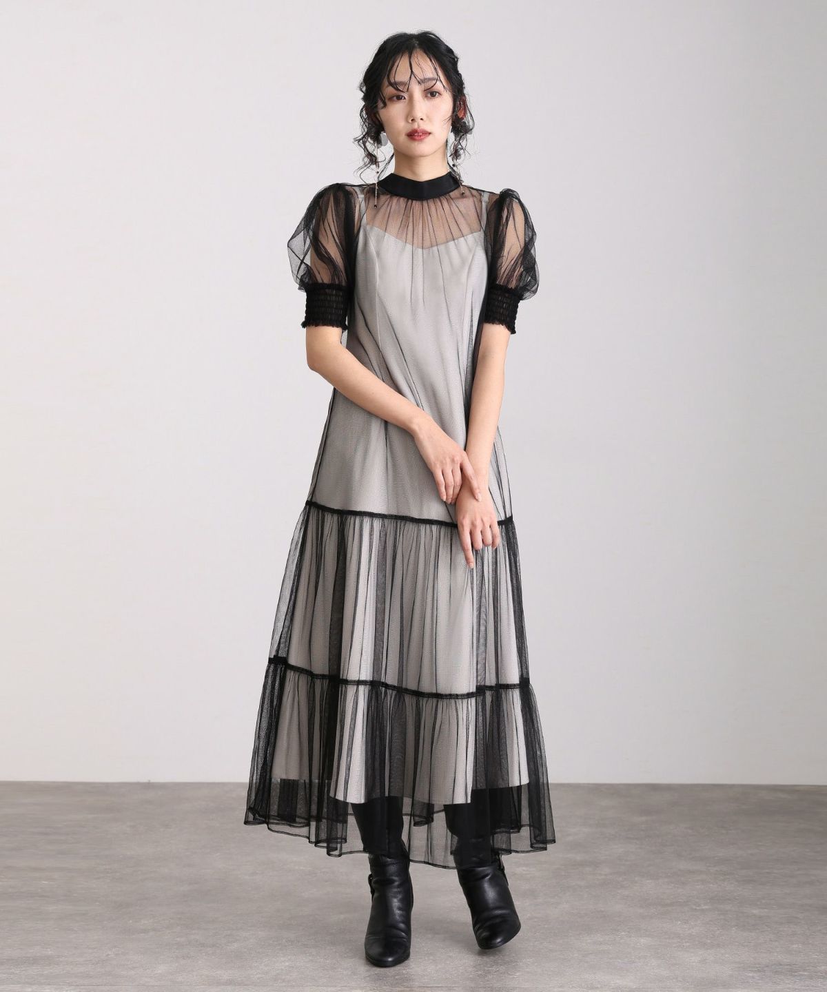【KAREN MILLEN】チュール バンドゥ ティアード ドレス（送料込) KAREN MILLEN】チュール バンドゥ ティアード ミディドレス