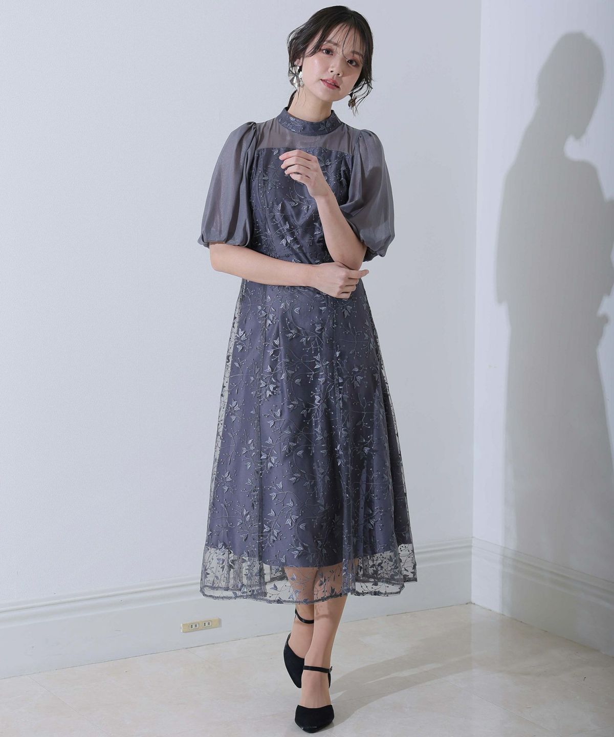 国内発| ERDEM Abstract Floral パフスリーブ ミディドレス 国内発| ERDEM Abstract Floral パフスリーブ ミディドレス