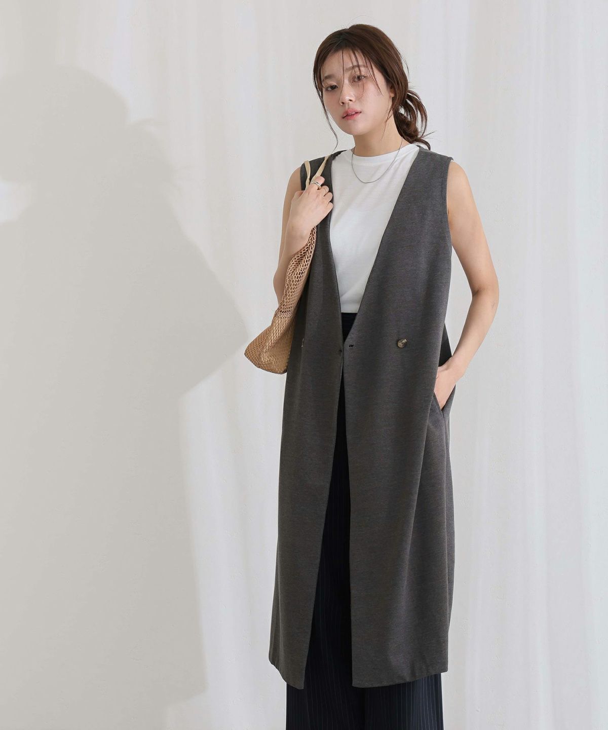 ミニ裏毛ノーカラーリラックスロングベスト