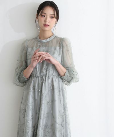 PourVous カットアウトスリーブドレス　ブルーグレー PourVous ドレス 袖カットアウト パーティードレス お呼ばれ袖