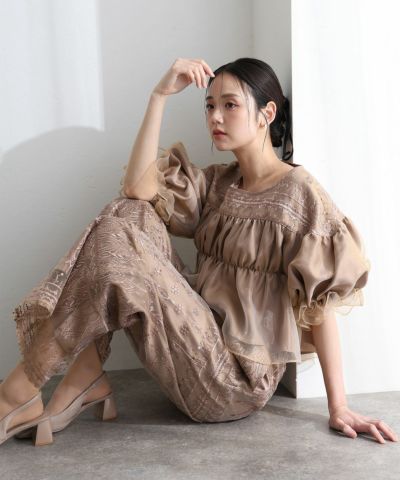 シャーリングチュールトップス2点セットドレス