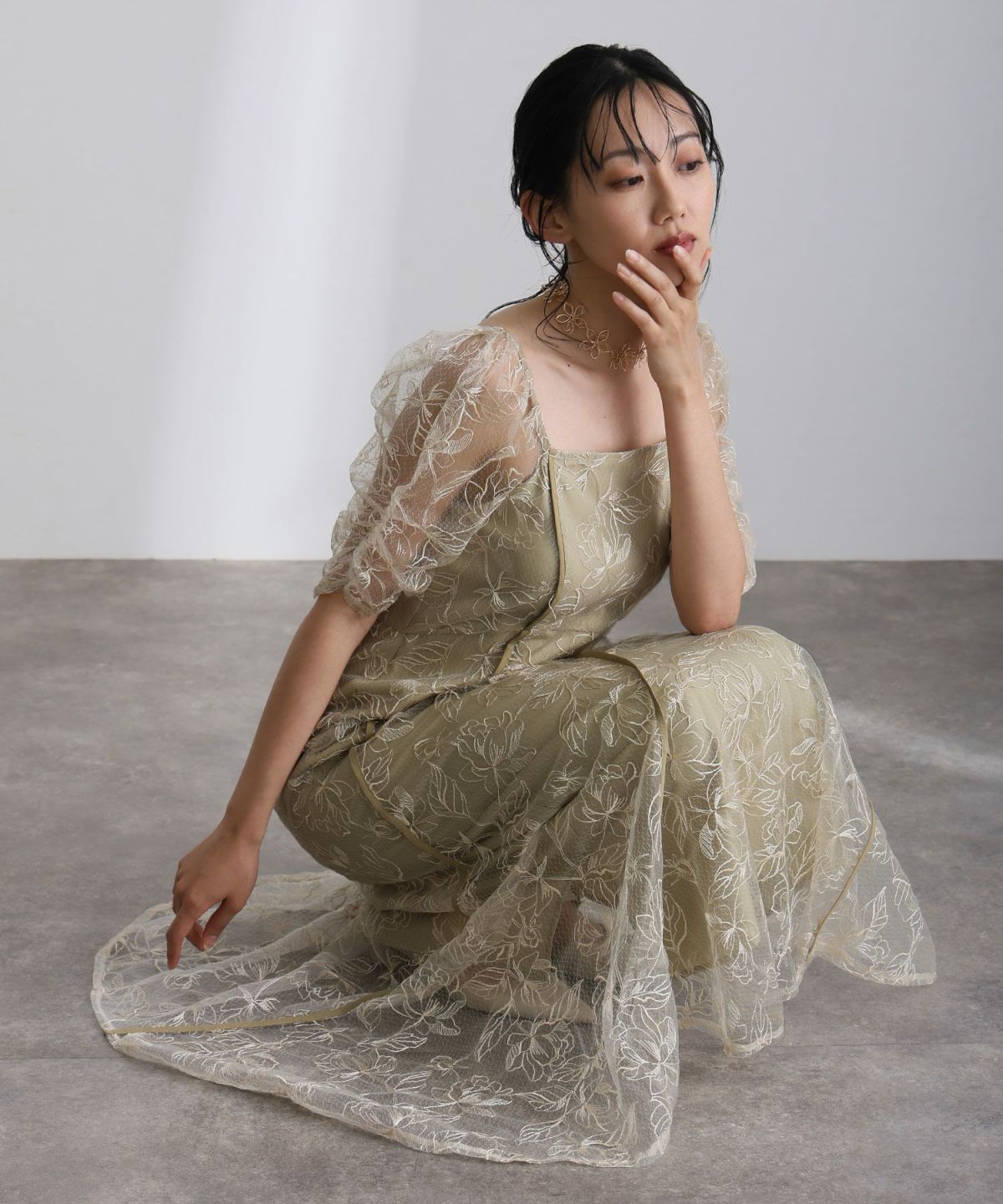PourVous（プールヴー） レースサテン切替ワンピース　バーガンディ 結婚式 ワンピース パーティードレス[品番：PV000003378