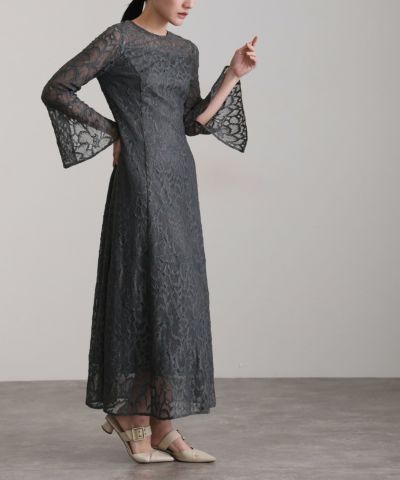 総レースベルスリーブロングドレス