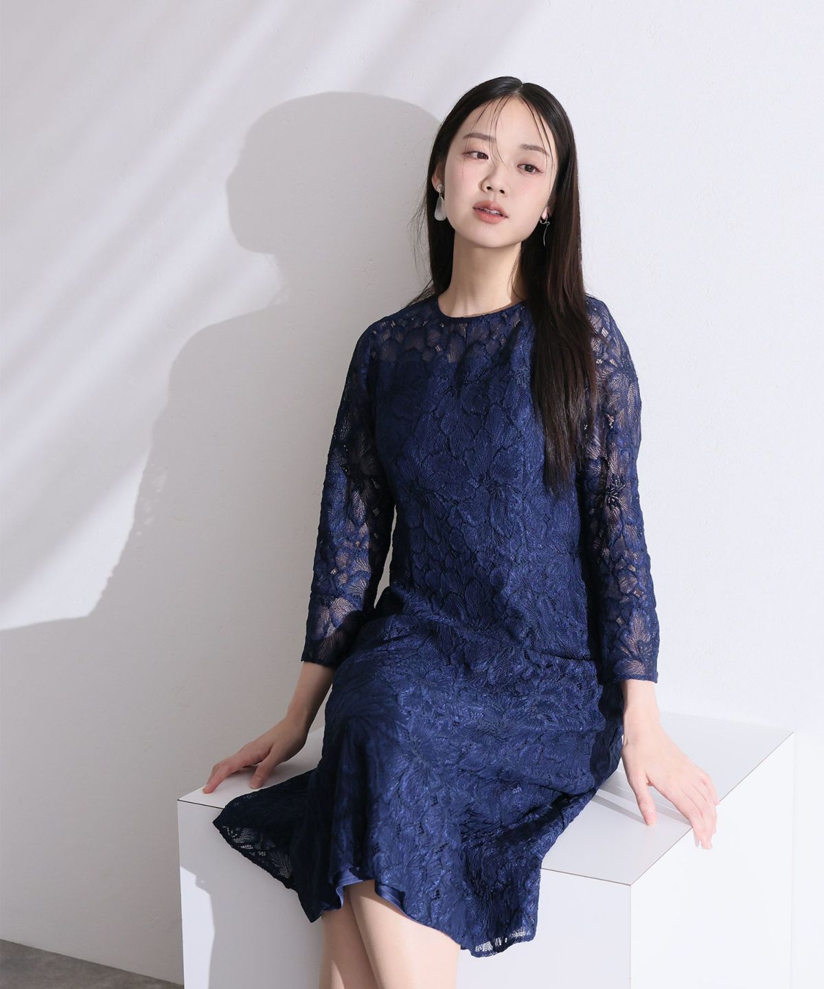 総レースベルスリーブフレアドレス