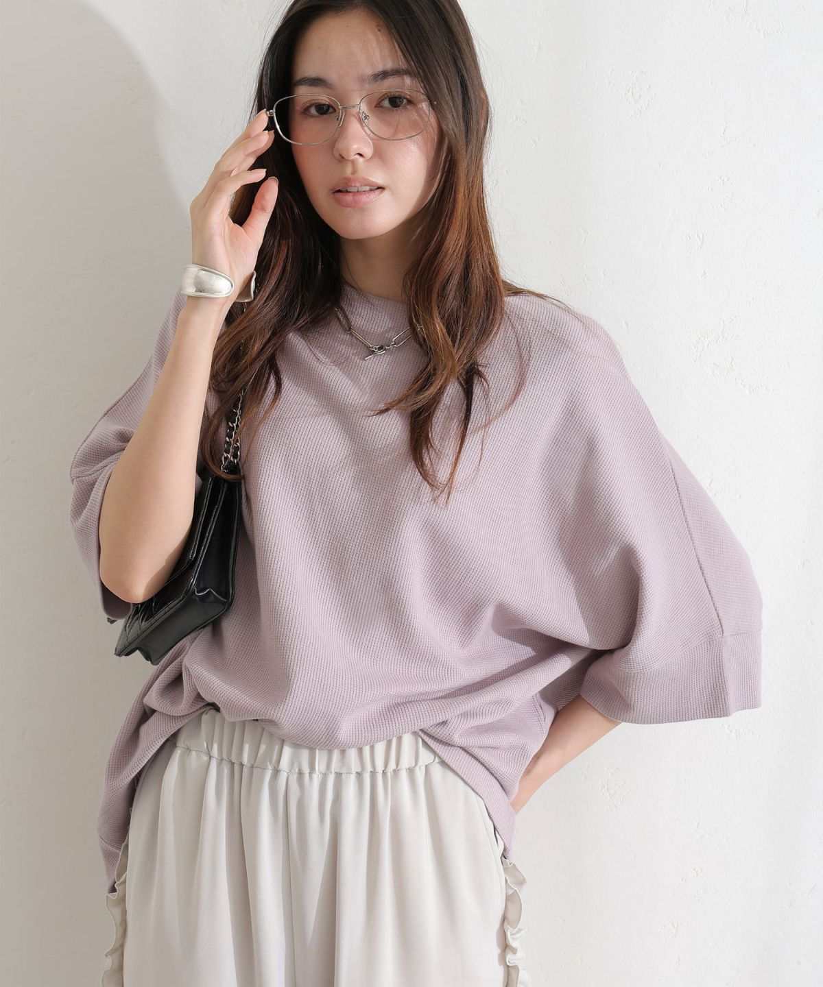 コットンワッフル7分袖ドルマンTシャツ