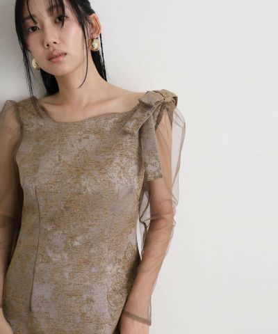 ショルダーリボンジャガードドレス