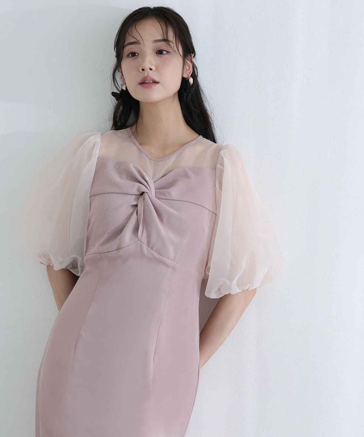 リボンデザインドットラインストーンワンピース
